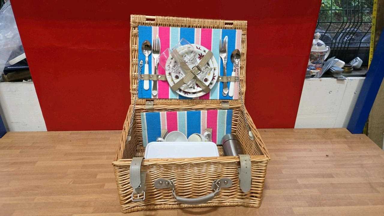 Lot 869 - TWO PERSON WICKER PICNIC HAMPER