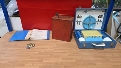 Lot 211 - PICNIC CASE, AUSTIN A40 MANUAL, PETROL CAN & AA BADGE