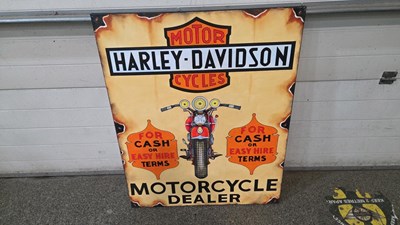 Lot 873 - HARLEY DAVIDSON MOTOR CYCLES HAND PAINTED ON CANVAS SIGN 40" X 32"