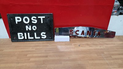 Lot 865 - CAST IRON POST NO BILLS SIGN & CHROME SCANIA SIGN