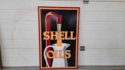 Lot 619 - WOODEN HAND PAINTED SHELL OILS SIGN 28" X 20"