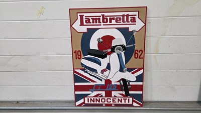 Lot 663 - WOODEN HAND PAINTED LAMBRETTA SIGN 28" X 20"