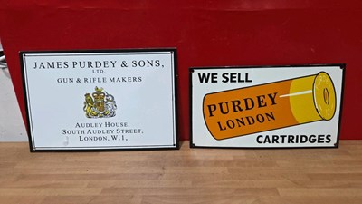 Lot 889 - 2 PURDEY ENAMEL REPRODUCTION SIGNS, APPROX 14" x 10"