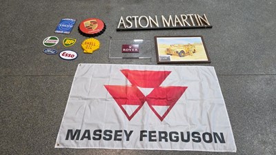 Lot 821 - MIXED LOT OF CAST,WOODEN & GLASS SIGNS, LARGE MASSEY FERGUSON FLAG &VINTAGE PAINTING