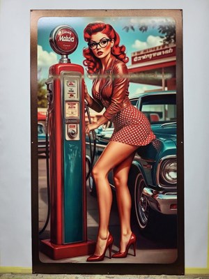 Lot 547 - PIN UP GIRL WITH PETROL PUMP METAL SIGN 24" X 42"