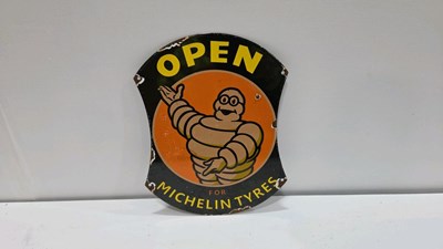 Lot 887 - MICHELIN TYRES OPEN, REPRODUCTION ENAMEL SIGN 14" X 11"