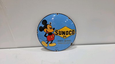 Lot 529 - MICKEY MOUSE SUNOCO OIL, REPRODUCTION ENAMEL SIGN 12" DIA