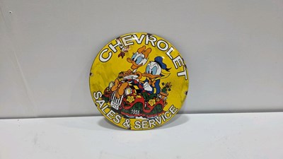 Lot 409 - CHEVROLET SALES & SERVICE , REPRODUCTION ENAMEL SIGN 12" DIA