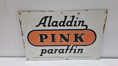 Lot 557 - ALADDIN PINK PARAFFIN, REPRO ENAMEL SIGN 21" X 14"