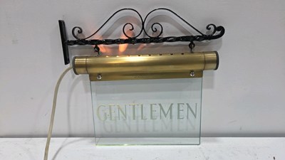 Lot 861 - GENTLEMAN'S ANTIQUE ILLUMINATED CUT GLASS HANGING SIGN 13" X 9"