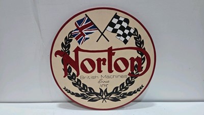 Lot 177 - NORTON BRITISH MACHINES, WOODEN HAND PAINTED SIGN 24" DIA