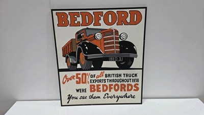 Lot 205 - BEDFORD BRITISH TRUCKS, WOODEN HAND PAINTED SIGN 28" X 25"