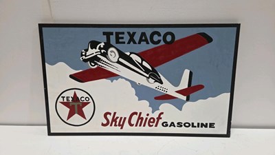 Lot 405 - TEXACO SKY CHIEF , WOODEN HAND PAINTED SIGN 28" X 20"