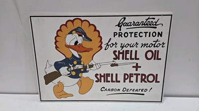 Lot 735 - SHELL OIL + SHELL PETROL, WOODEN HAND PAINTED SIGN 28" X 20"