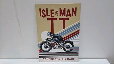 Lot 765 - ISLE OF MAN TT, WOODEN HAND PAINTED SIGN 28" X 20"