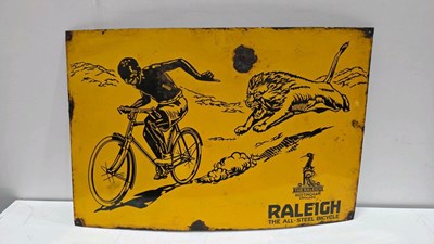 Lot 121 - VINTAGE RALEIGH "THE ALL STEEL BICYCLE " ENAMEL SIGN 36" X 24"