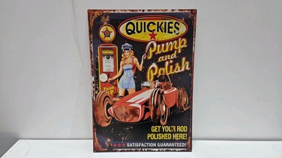 Lot 535 - QUICKIES PUMP & POLISH REPRODUCTION METAL SIGN 28" X 20"