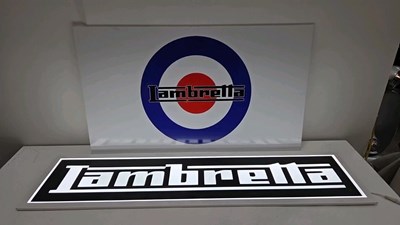 Lot 831 - LAMBRETTA PLASTIC & LIGHT UP SIGNS 36" X 21" + 47" X 12"