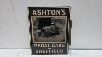 Lot 203 - STEEL REPRODUCTION, DOUBLE SIDED ASHTON'S PEDAL CAR SIGN 20" X 16"