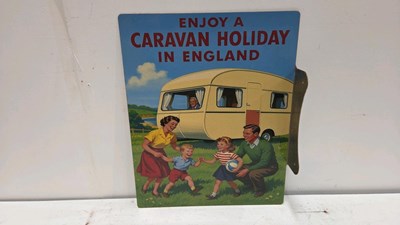 Lot 555 - STEEL REPRODUCTION , DOUBLE SIDED CARAVAN HOLIDAY SIGN 20" X 16"