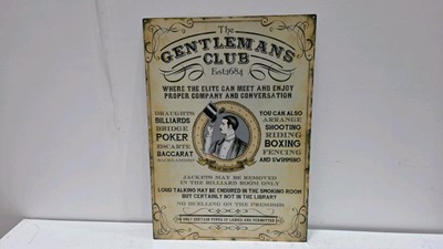 Lot 379 - TIN REPRO THE GENTLEMANS CLUB SIGN 28" X 20"
