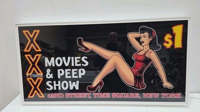 Lot 43 - LARGE ILLUMINATED MOVIES AND PEEP SHOW SIGN 47" X 24"