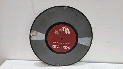 Lot 225 - HIS MASTERS VOICE RECORD SHAPED ENAMEL SIGN 24" DIA