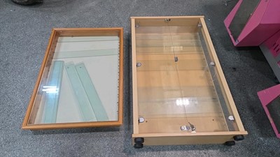 Lot 773 - 2 WOODEN CABINETS WITH GLASS SHELVES