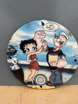 Lot 333 - POPEYE I AM WHAT I YAM ENAMEL REPRO SIGN 8" DIA