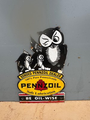 Lot 307 - PENNZOIL " BE OIL-WISE " ENAMEL REPRO SIGN 8" X 5"