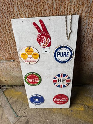 Lot 125 - SELECTION OF 7 SMALL ENAMEL REPRO SIGNS ON WOODEN BOARD