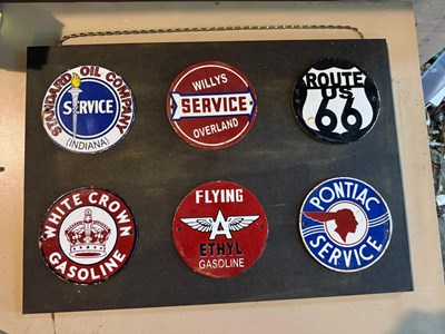 Lot 155 - 6 ENAMEL REPRO SIGNS ON A WOODEN BOARD