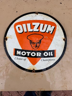 Lot 853 - OILZUM MOTOR OIL REPRO ENAMEL SIGN 12" DIA