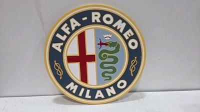 Lot 71 - WOODEN HAND PAINTED ALFA ROMEO SIGN 24" DIA