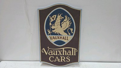 Lot 225 - WOODEN HAND PAINTED VAUXHALL CARS SIGN 26" X 17"