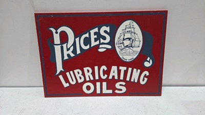 Lot 617 - WOODEN HAND PAINTED PRICES LUBRICATING OILS SIGN 28" X 20"