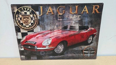 Lot 787 - JAGUAR E TYPE VINTAGE METAL TIN REPRO SIGN 28" x 20"