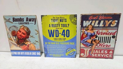 Lot 431 - 3 TIN PRINTED REPRO SIGNS BOMBS AWAY , WD40 , & WILLS JEEP 16" X 12"