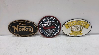 Lot 437 - 3 CAST REPRO MOTOR CYCLE SIGNS , NORTON , VINCENT & TRIUMPH