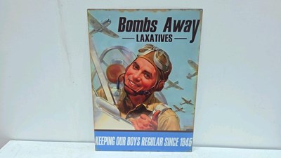 Lot 587 - TIN PRINTED REPRO BOMBS AWAY SIGN 28" x 20"