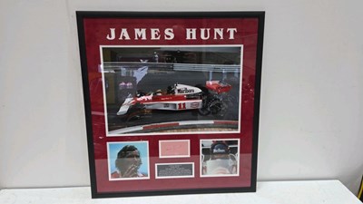 Lot 707 - FRAMED JAMES HUNT SIGNED PICTURE & PHOTOS WITH CERTIFICATE 29" X 27"