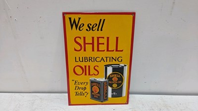 Lot 767 - WE SELL SHELL OILS REPRO ENAMEL SIGN 15" X 10"