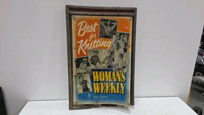 Lot 573 - TIN BEST FOR KNITTING SIGN ON WOODEN BOARD APPROX 30" x 19"