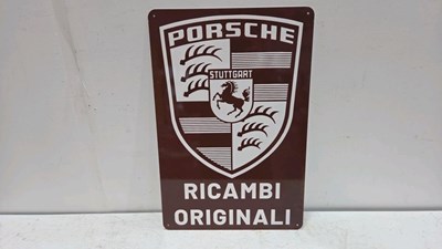 Lot 201 - PORSCHE RICAMBI ENAMEL REPRO SIGN 24" X 16"