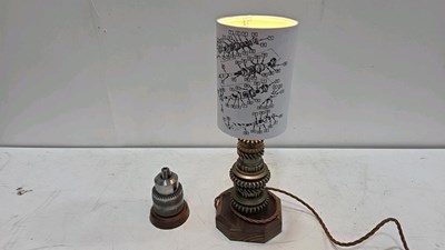 Lot 473 - DESK SET - GEARBOX SHAFT LAMP & INDUSTRIAL DRILL CHUCK PAPER WEIGHT