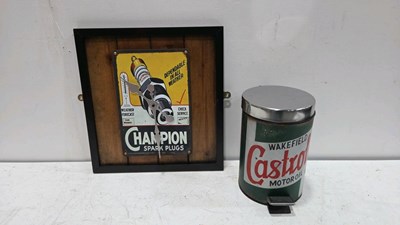 Lot 491 - HAND PAINTED " CASTROL " PEDAL BIN & HAND PAINTED CHAMPION SPARK PLUG CLOCK