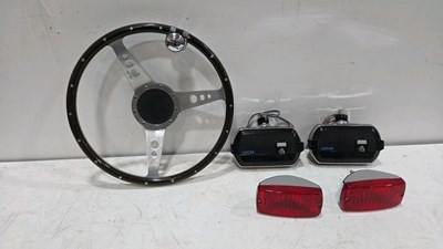 Lot 501 - 15" DIA MOTO-LITA WOOD RIM STEERING WHEEL , LUCAS FOG LAMPS WITH COVERS