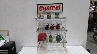 Lot 569 - CASTROL OIL + GREASE METAL DISPLAY SHELVES WITH TINS AND OIL CANS