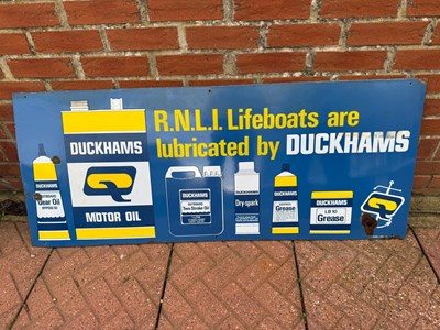 Lot 337 - R.N.L.I LIFEBOATS ARE LUBRICATED BY DUCKHAMS ENAMEL SIGN 54" X 22"