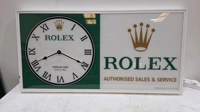 Lot 25 - ROLEX STYLE ILLUMINATED SIGN WITH CLOCK 47" X 24"